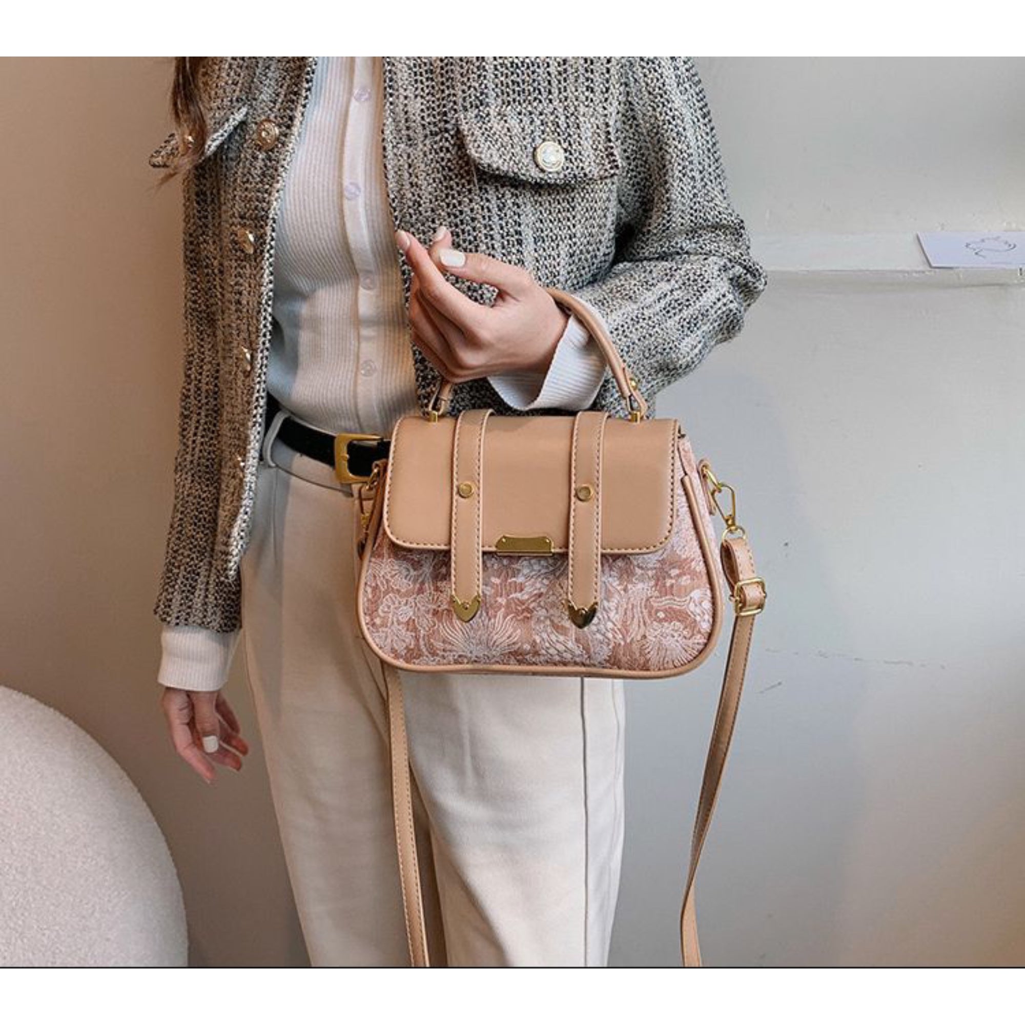 Beige Leafy Sling Bag